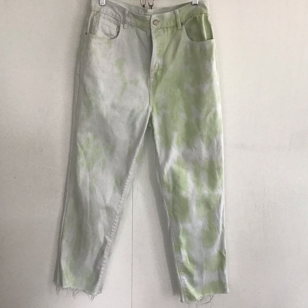 Pacsun Button Fly High Rise Straight Raw Cropped Light Green space dyed Jeans 29